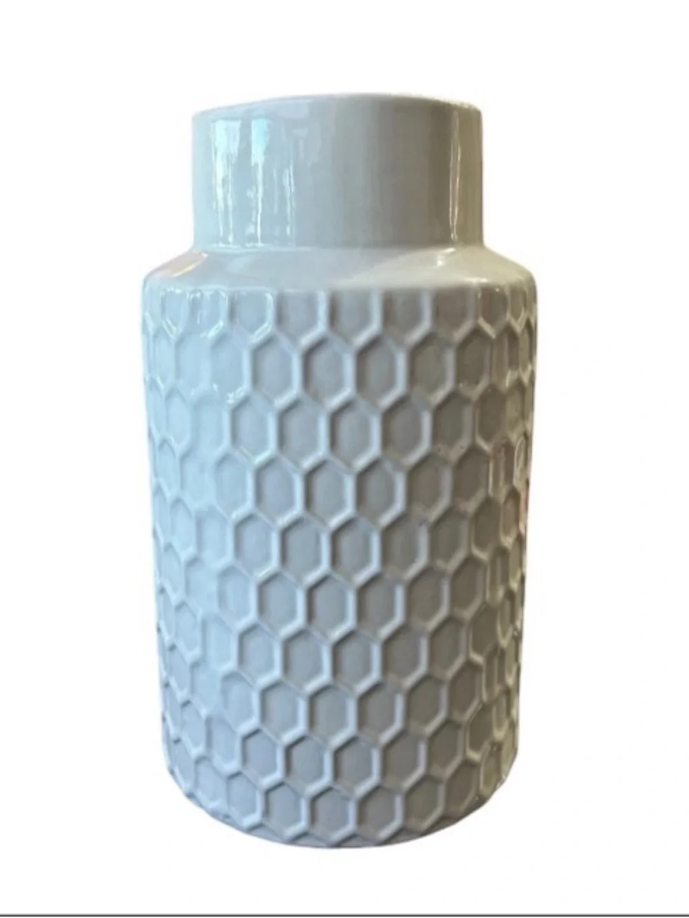White Ceramic Vase 9” Utensil Holder Honeycomb Textured Design Minimalist New
